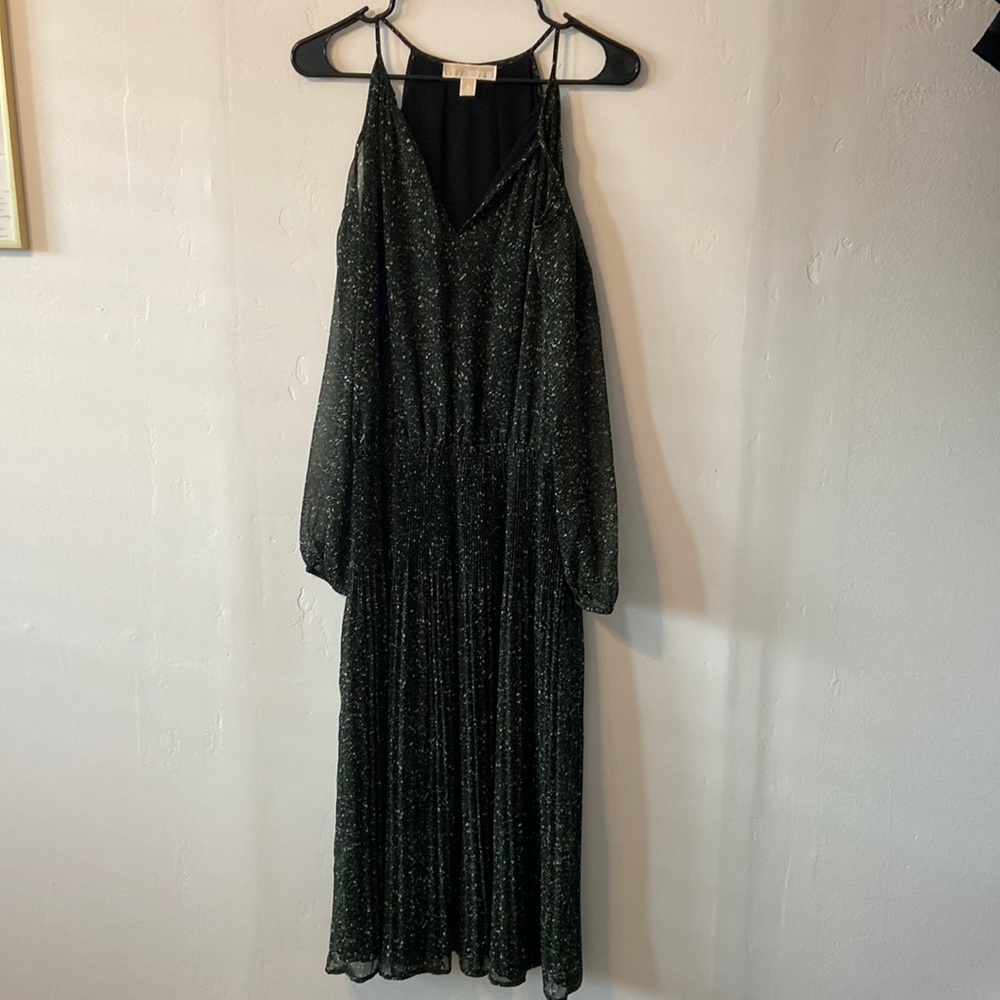 Michael Kors Green Patterned Cold Shoulder Long Sleeve Dress